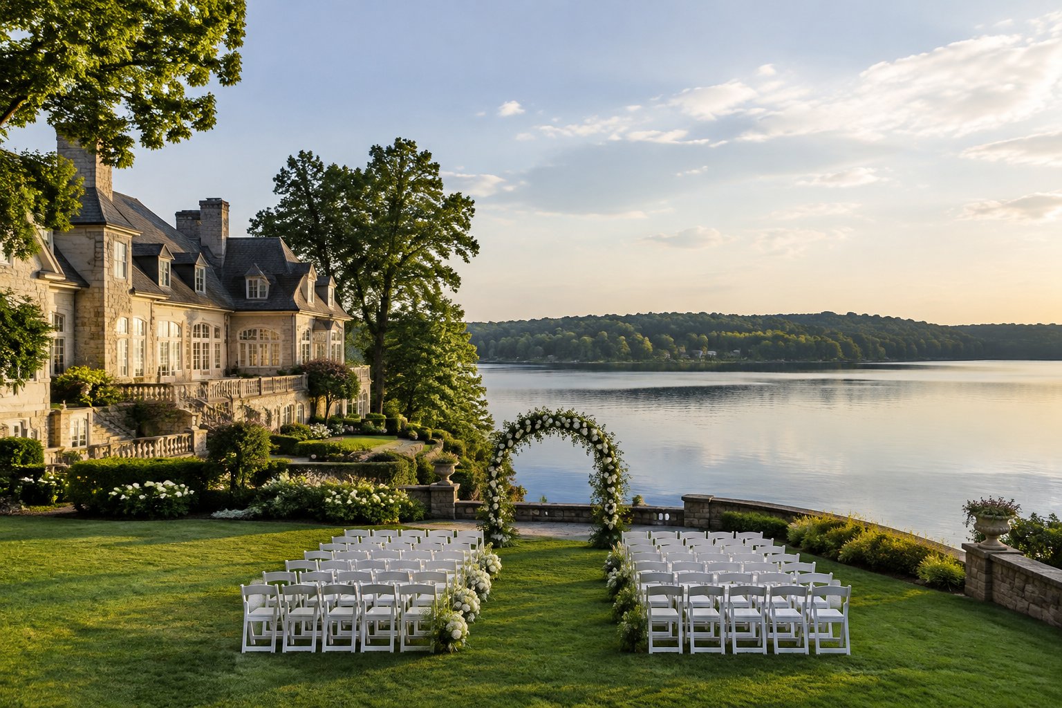 A wedding ceremony setup on the lawn of an estate beside a lake.
