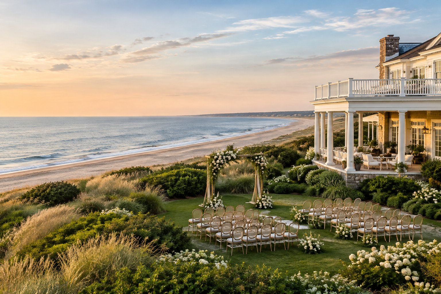 A coastal estate overlooking the ocean with a floral wedding arch and rows of ceremony chairs.