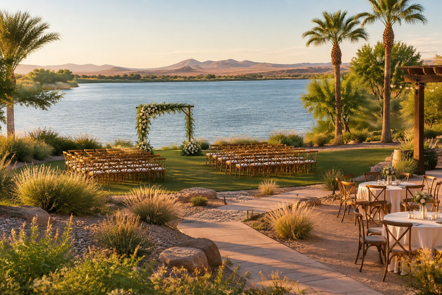 An outdoor wedding ceremony set beside a calm lake.