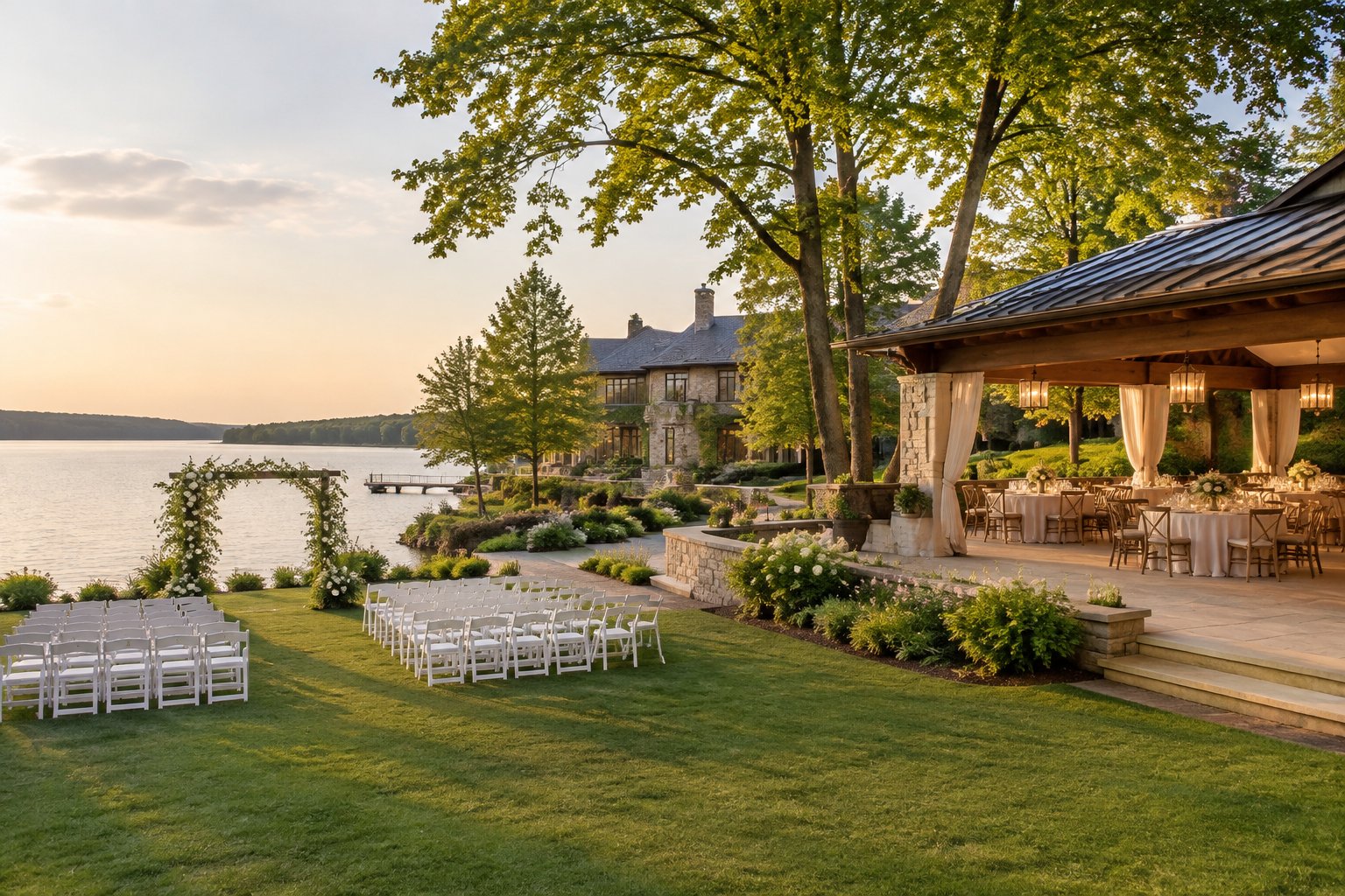 A lakeside estate with an outdoor wedding ceremony lawn and a prepared reception terrace.