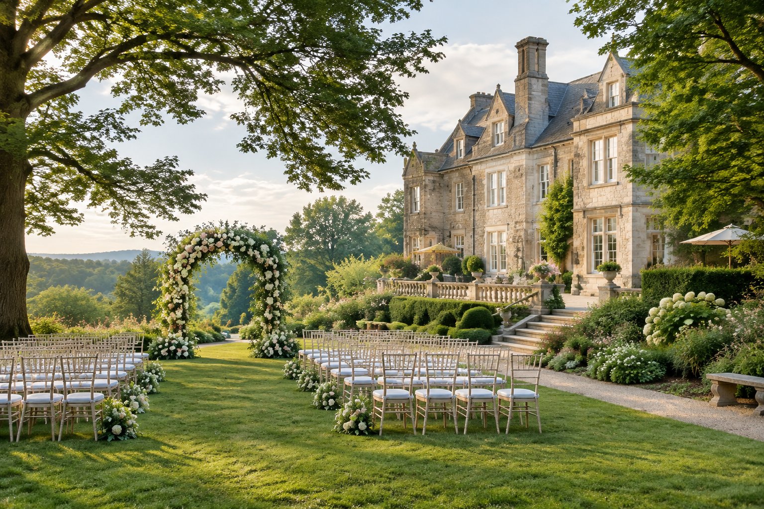 A historic manor overlooks a garden wedding ceremony setup with floral decorations and rows of chairs.