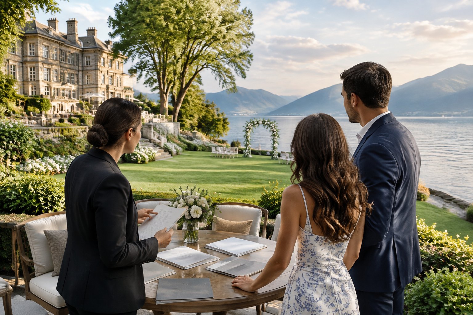 A couple and wedding planner review papers beside a lakeside estate.