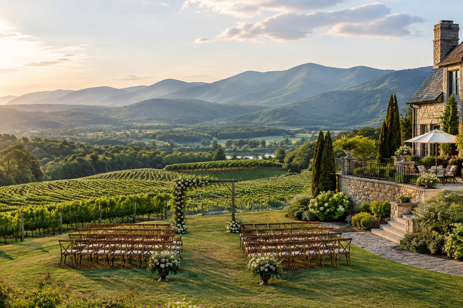 An elegant wedding ceremony setup overlooking a vineyard and distant mountains.
