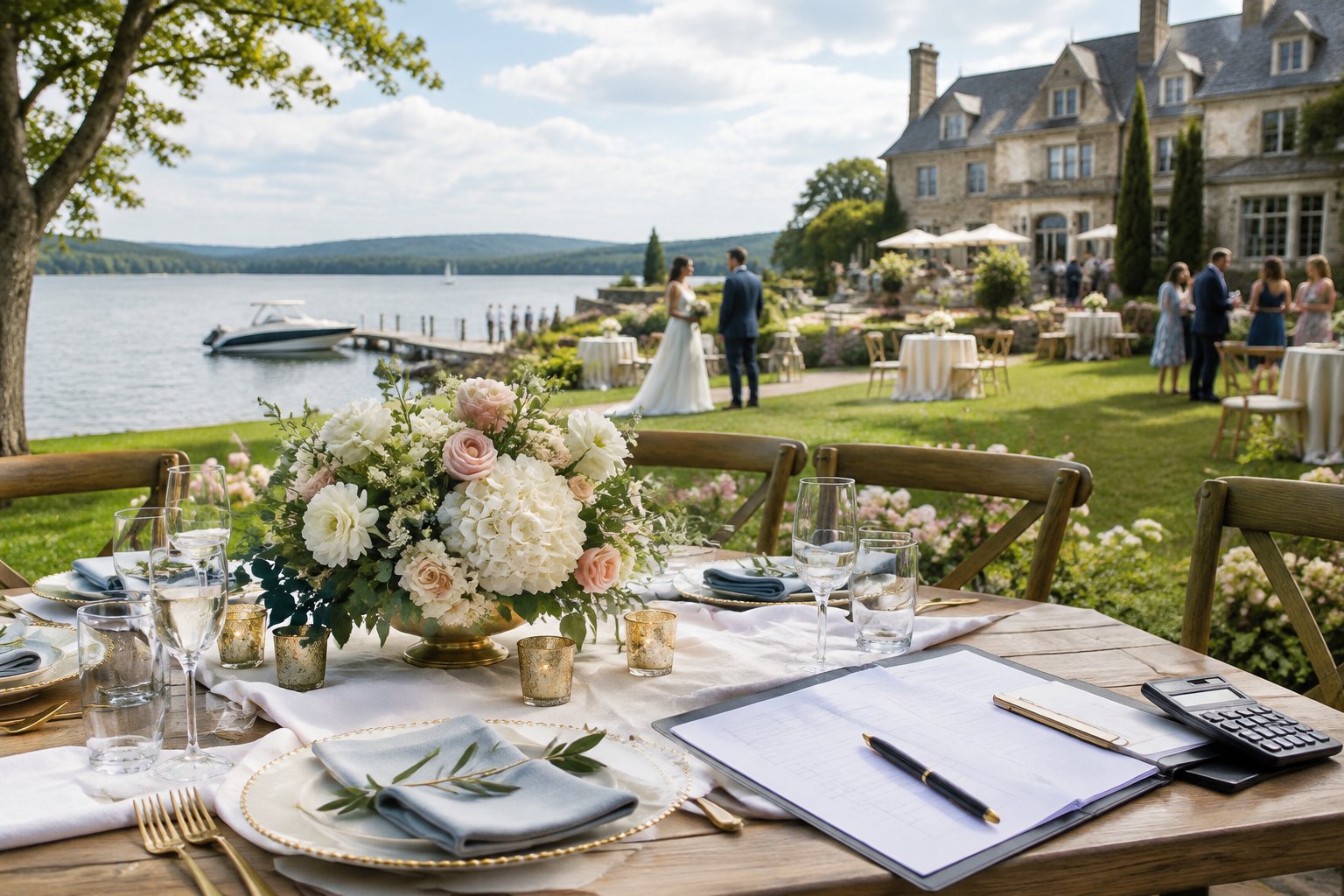 A wedding reception table on the lawn of a lakeside estate.