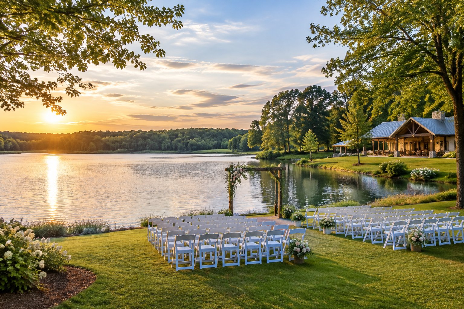 A wedding ceremony setup beside a calm lake, with white chairs and a floral arch.