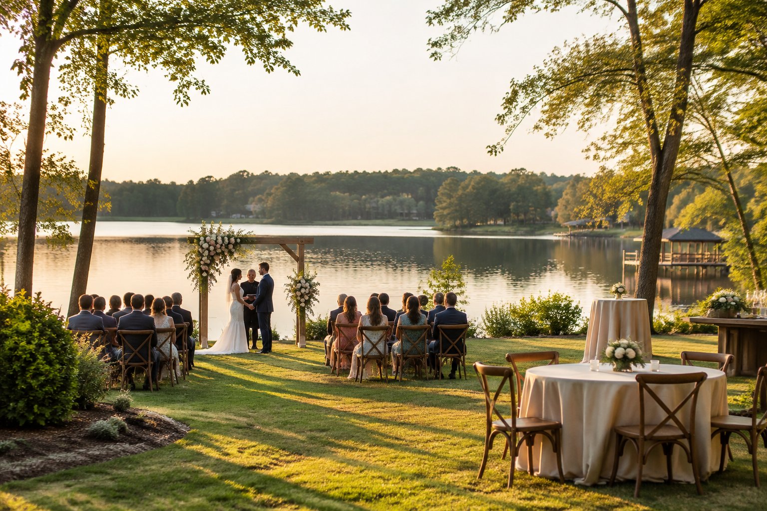 An outdoor wedding ceremony set beside a calm lake.