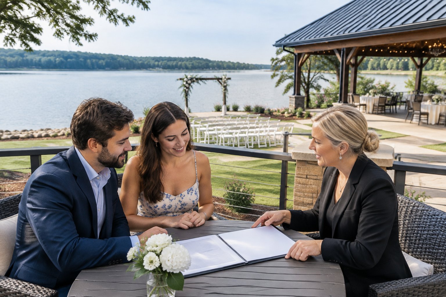 A couple discusses a lakeside wedding site with a venue coordinator.