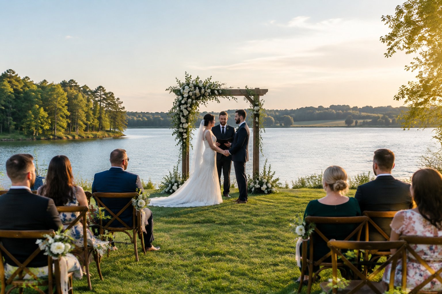 A small outdoor wedding ceremony beside a lake, surrounded by trees and countryside.