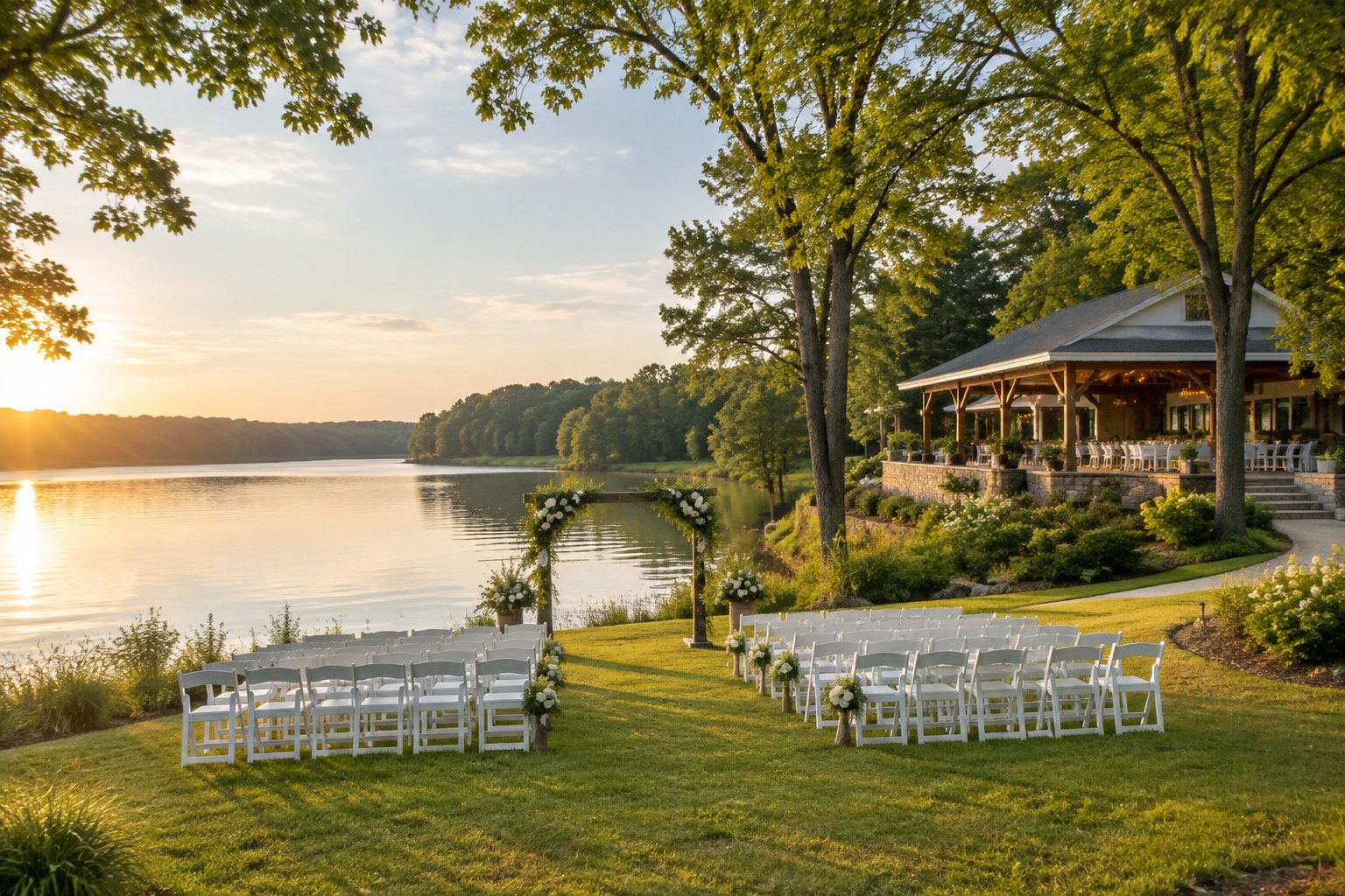 A lakeside wedding ceremony setup beside a calm lake, with white chairs and a floral arch.
