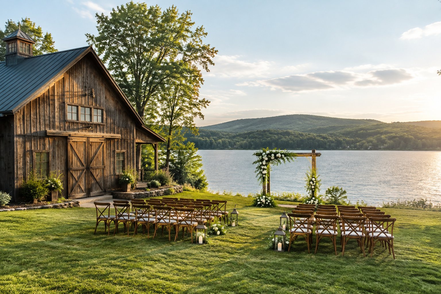 A rustic barn wedding venue beside a lake with outdoor ceremony seating.