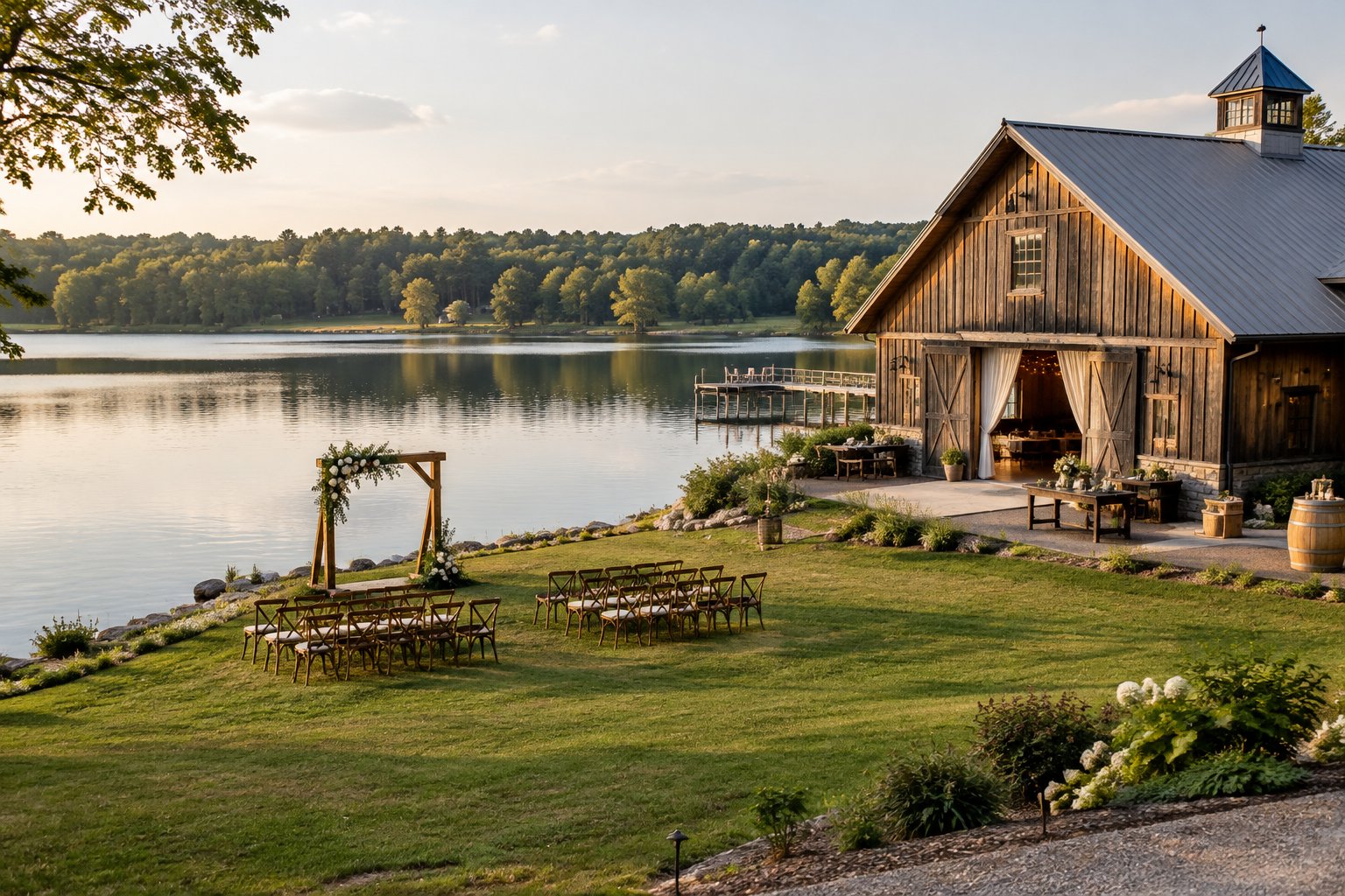 A rustic barn and wedding ceremony setup beside a calm lake.