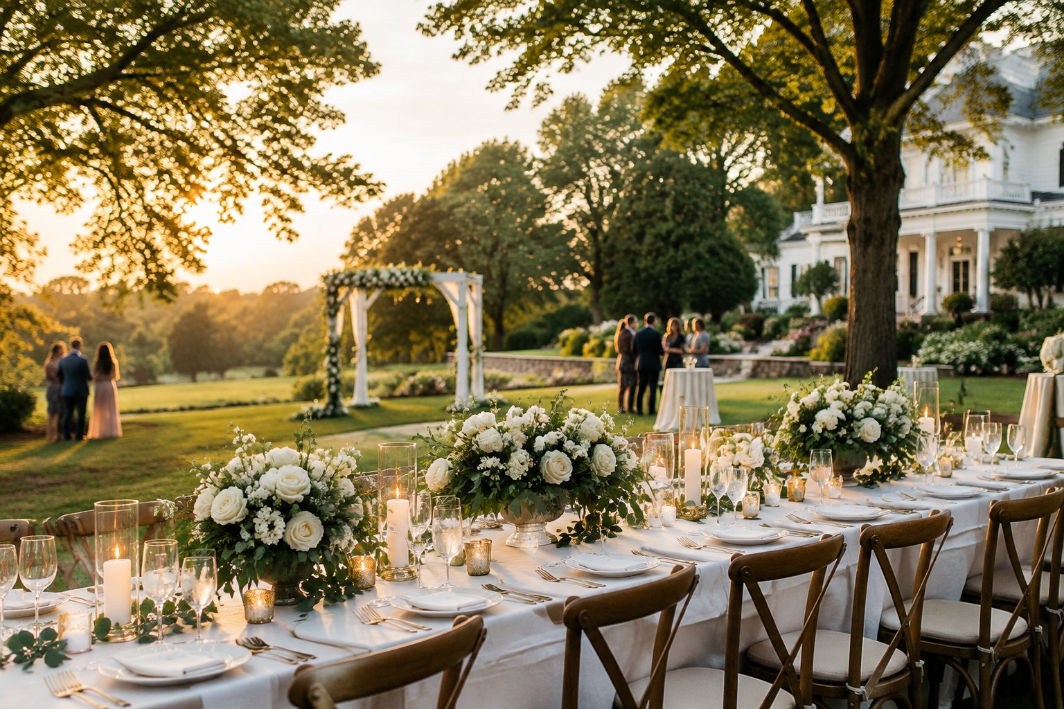 An elegant outdoor wedding reception beside a historic mansion.