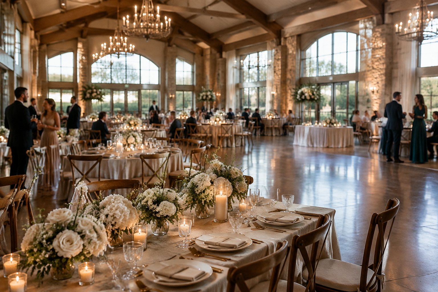 Guests gather in an elegant wedding reception hall.