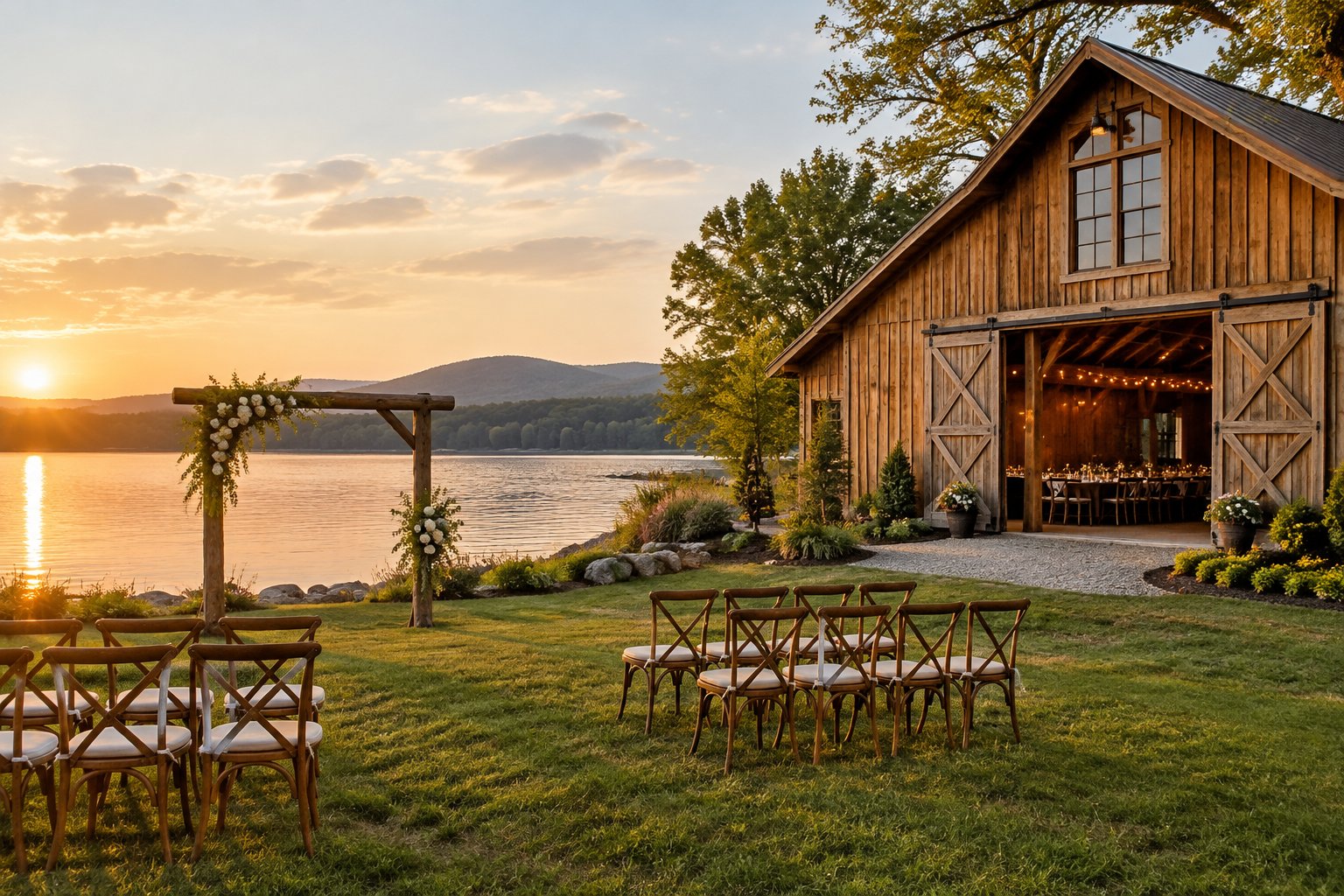 A timber barn and outdoor wedding ceremony area beside a calm lake.