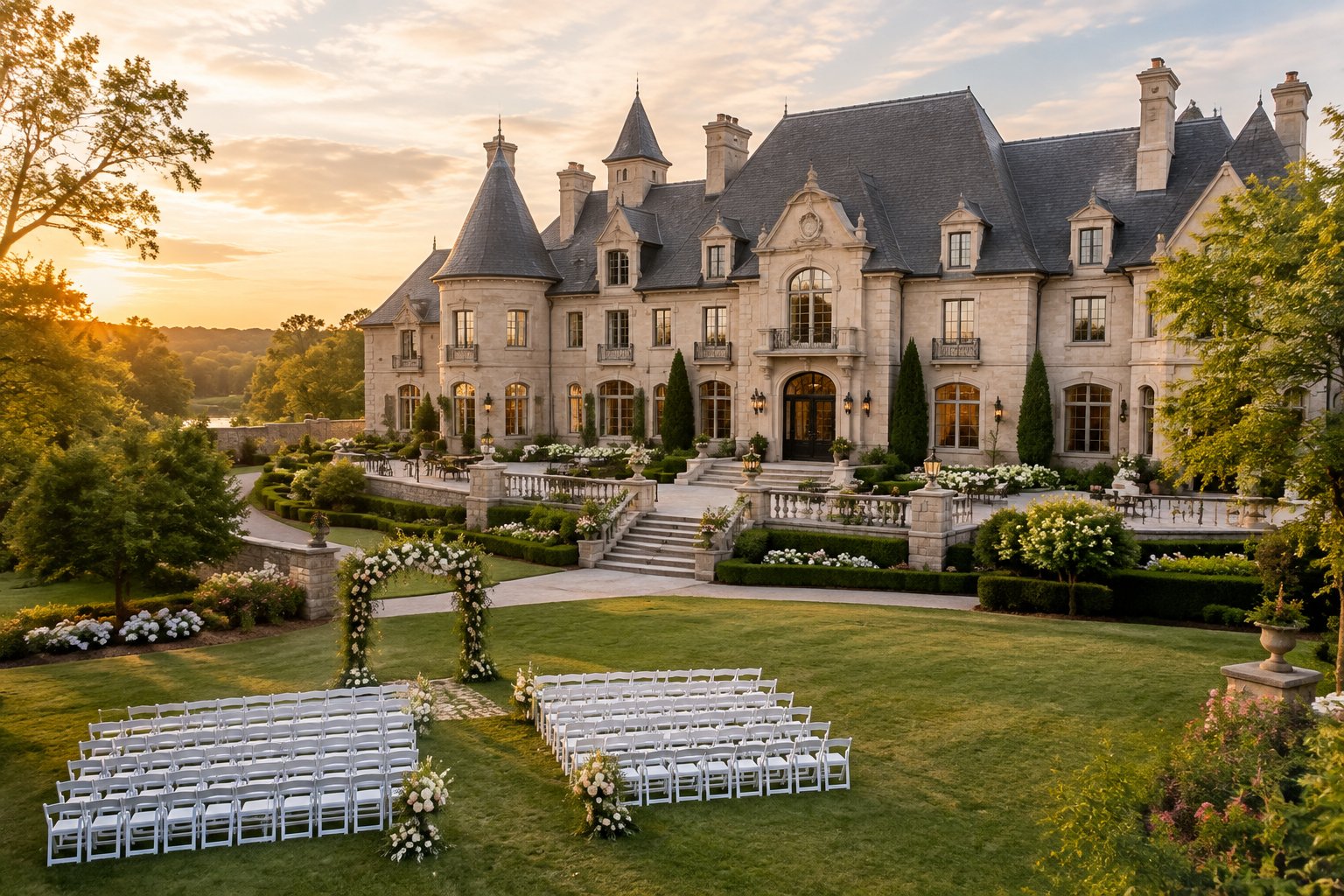 A chateau wedding venue surrounded by manicured gardens, with an outdoor ceremony setup on the grounds.