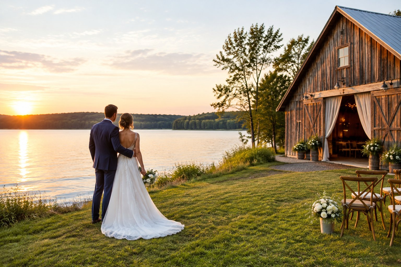 A couple stands beside a rustic barn overlooking a calm lake.