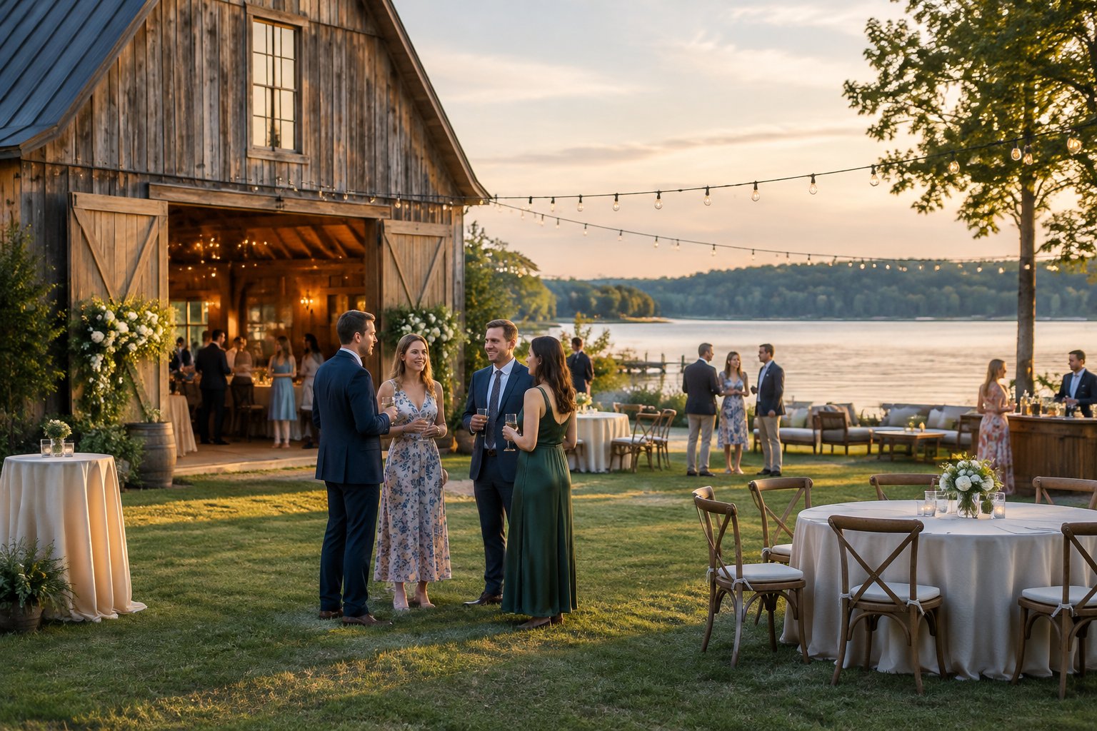Guests mingle outside a barn beside a lake.