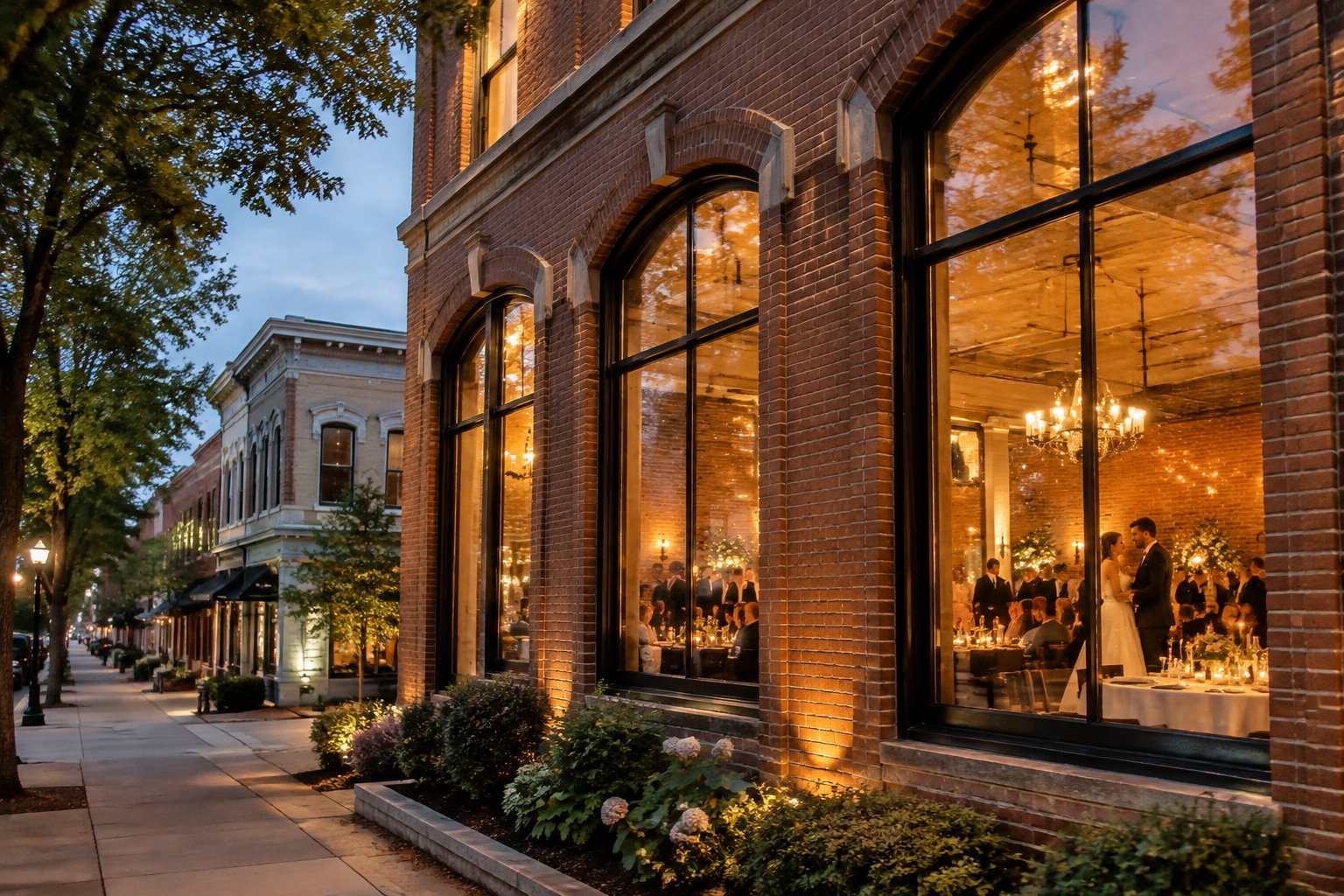 Guests celebrate at a wedding reception inside a historic downtown venue.