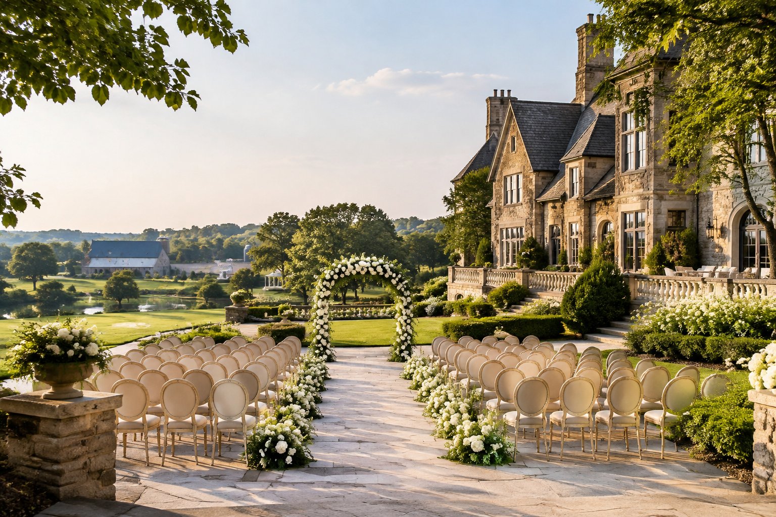 An elegant garden wedding venue with a flower-decorated ceremony arch and rows of chairs.
