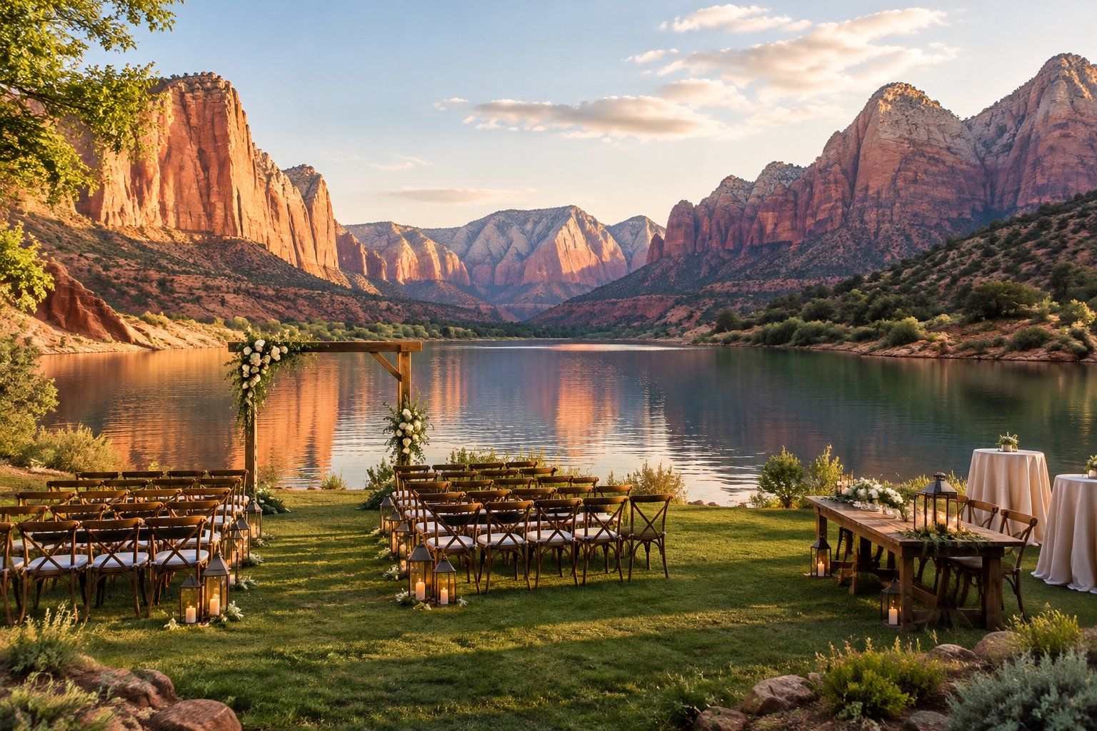 A wedding ceremony setup on a grassy lakeshore beneath red cliffs.