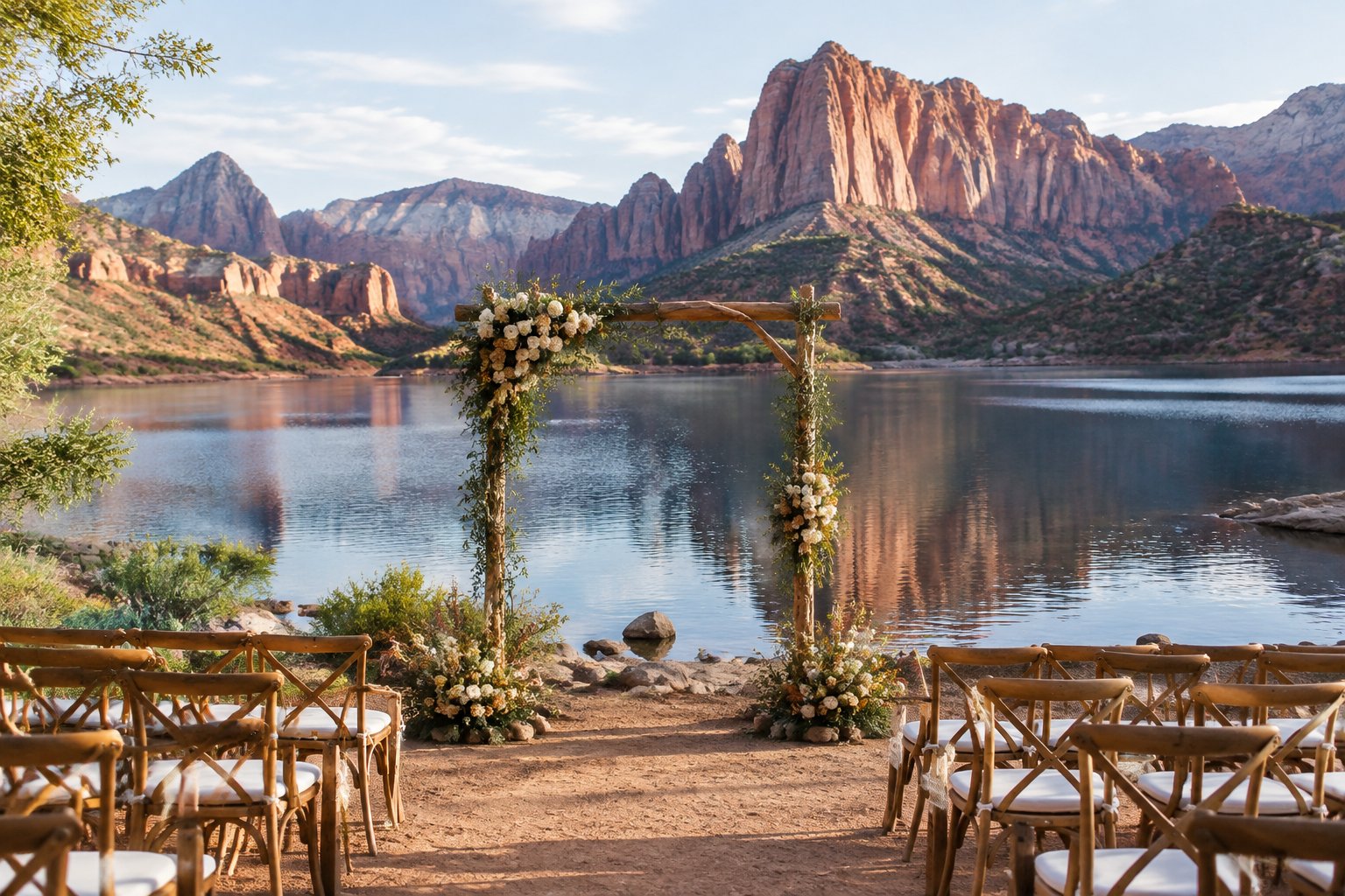 A wedding ceremony setup beside a lake with red cliffs in the distance.