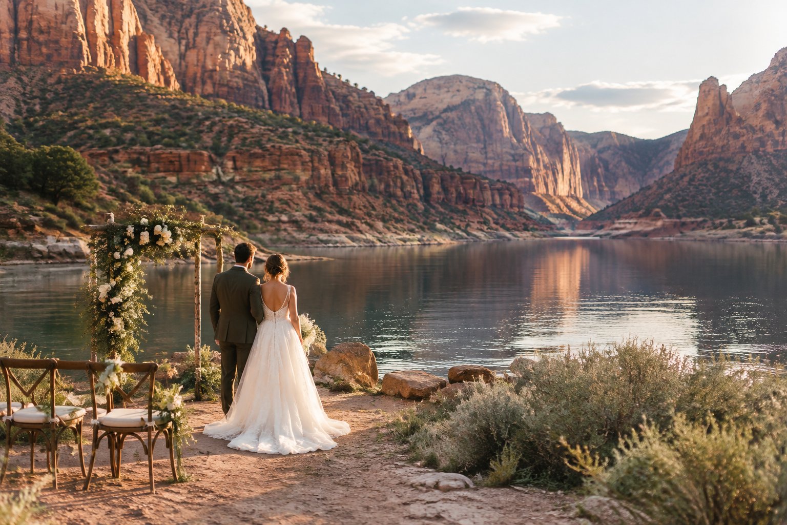 A couple stands beside a lakeside wedding ceremony setup beneath Zion’s red cliffs.