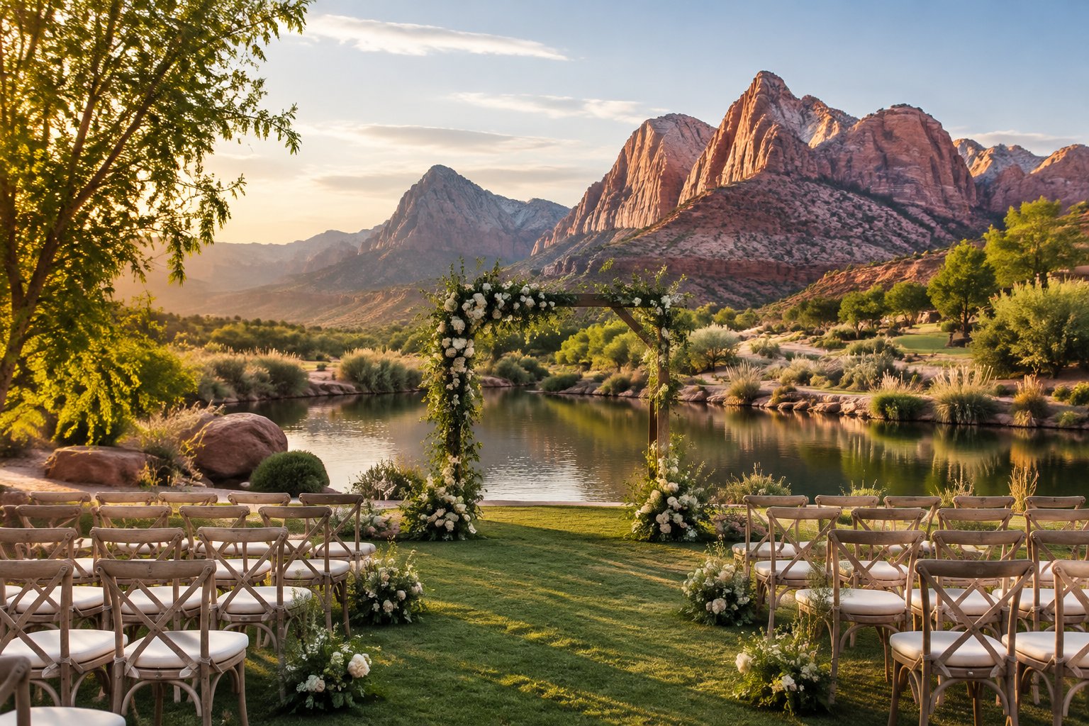An outdoor wedding ceremony venue beside calm water, with red sandstone cliffs in the distance.