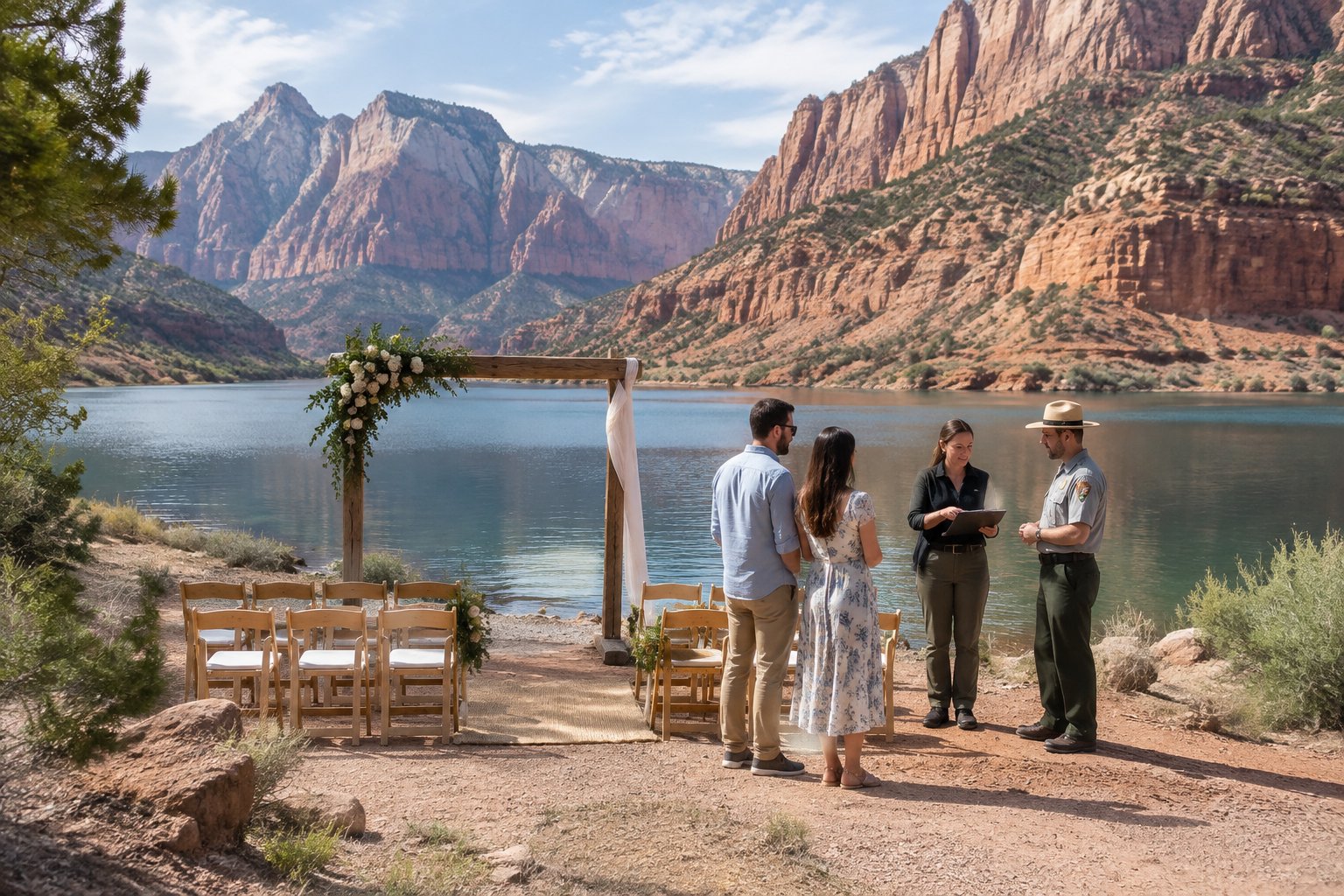 A small wedding ceremony setup beside a lake, with red cliffs in the background and a coordinator speaking with a park staff member.