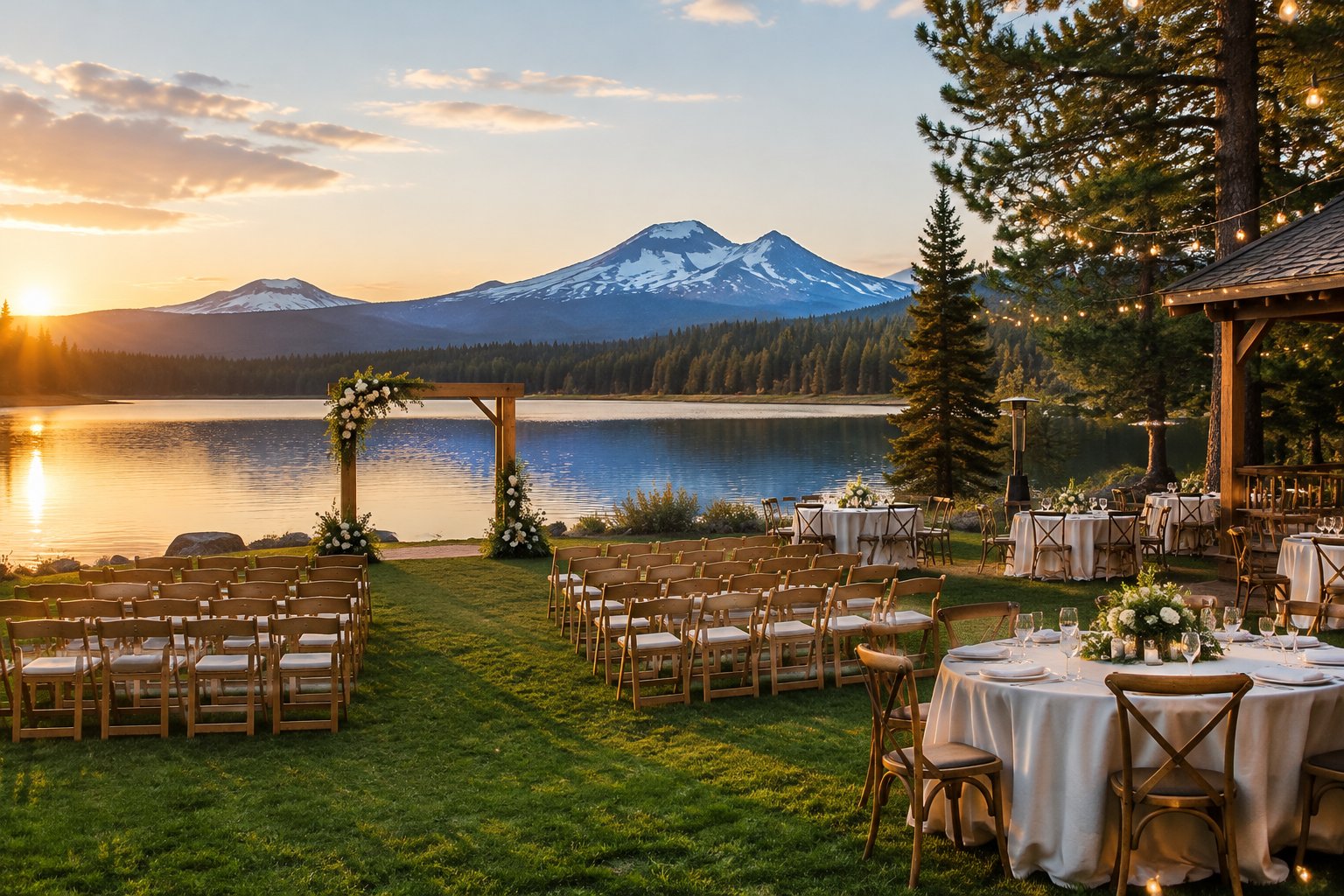 A wedding ceremony and reception setup beside a lake with mountains in the background.