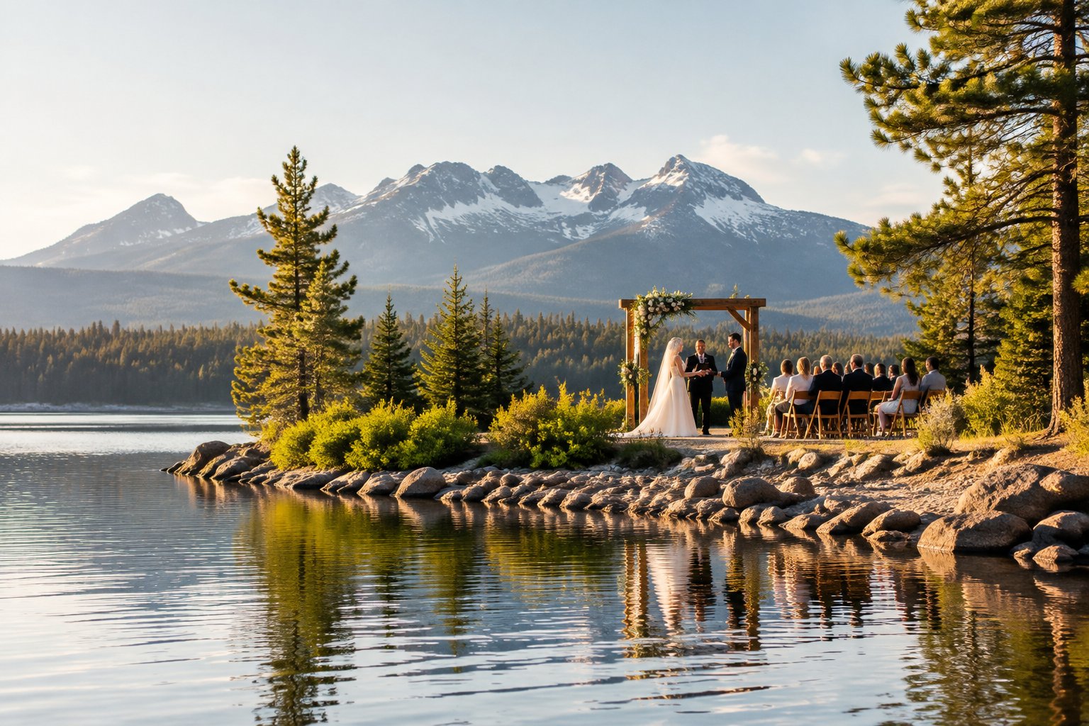 A wedding ceremony beside a lake with mountains and evergreen trees in the background.