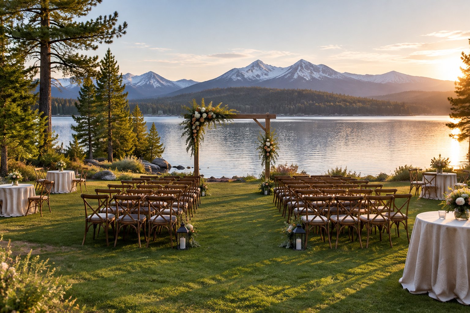 A lakeside wedding ceremony setup with rows of chairs, a floral arch, a lake, and mountains.