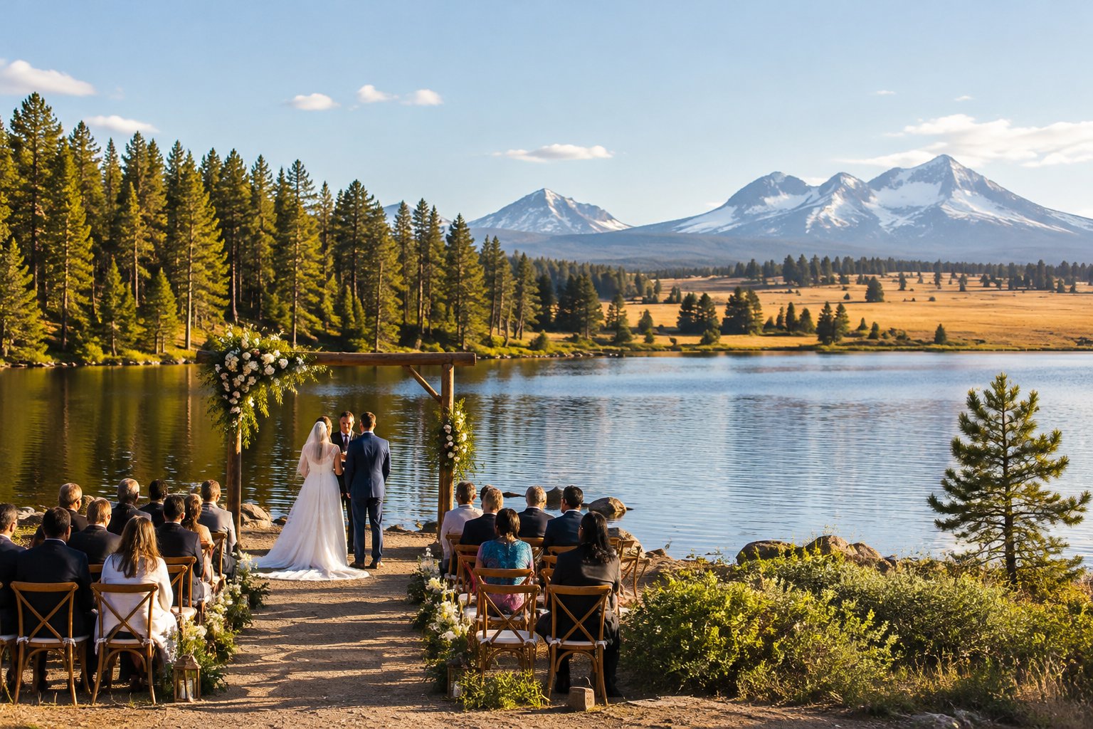 An outdoor wedding ceremony beside a lake, with a forest, meadow, and distant mountains.