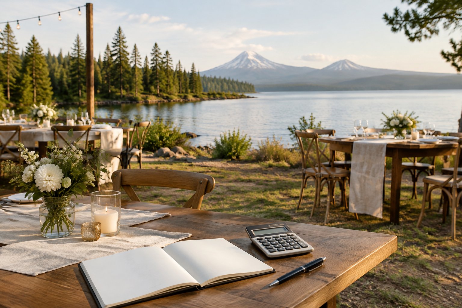 A simple wedding reception setup beside a lake with mountains in the distance.