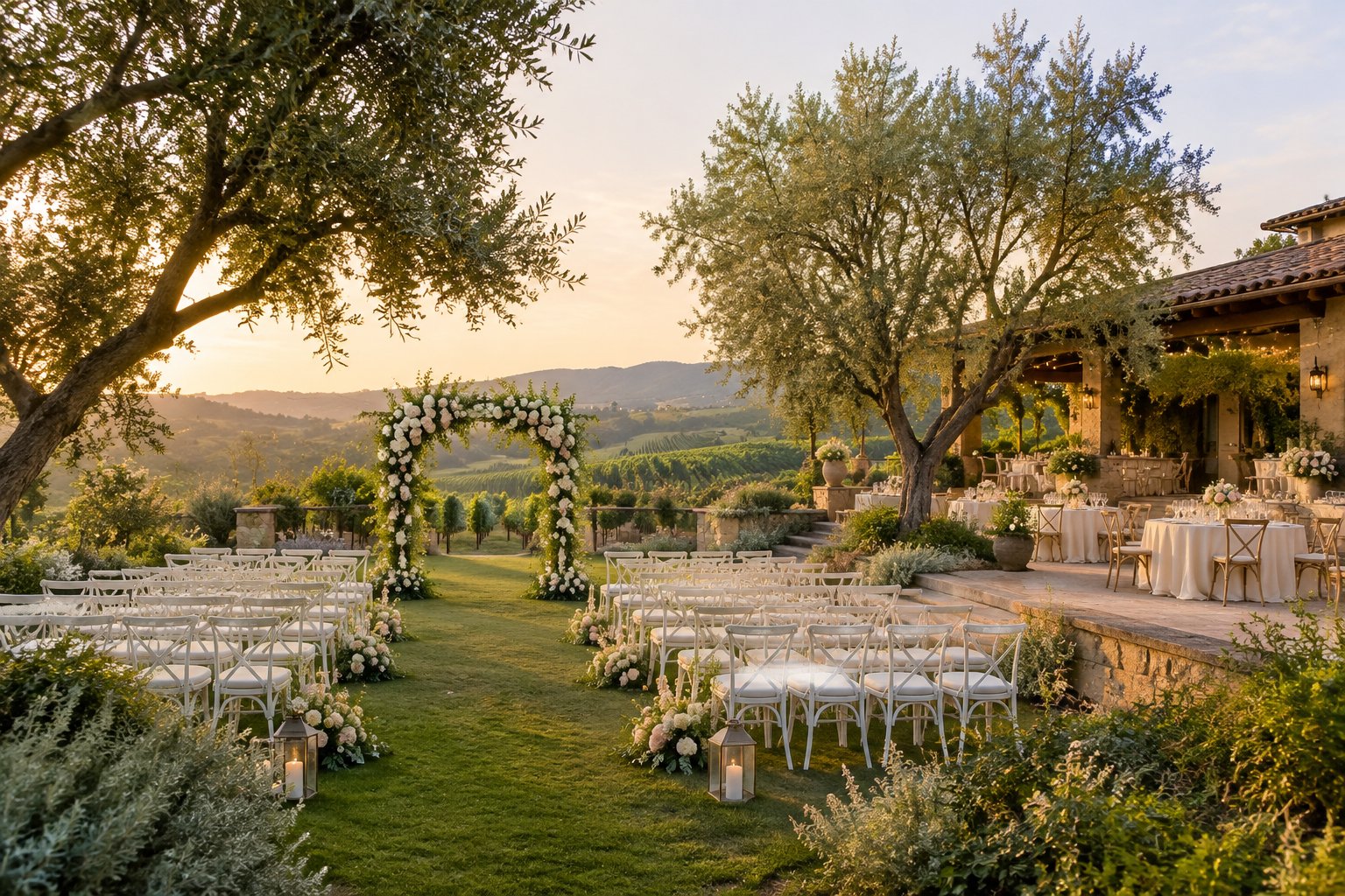 A garden wedding ceremony setup at a venue with chairs, flowers, and distant hills.