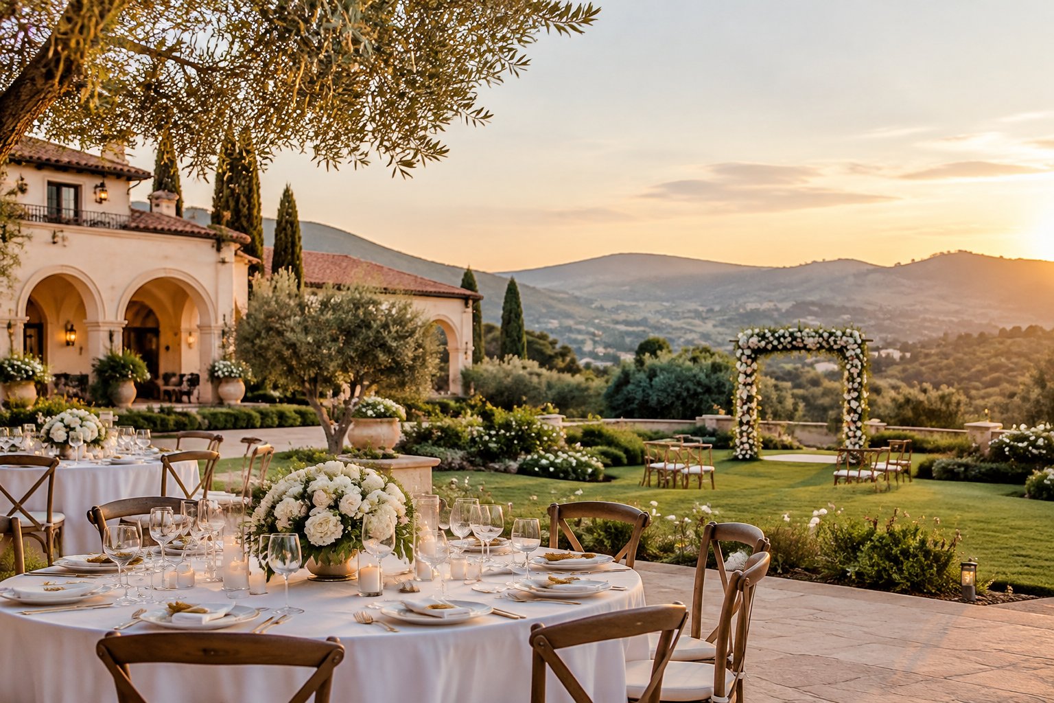An elegant outdoor wedding reception at a garden estate surrounded by hills.