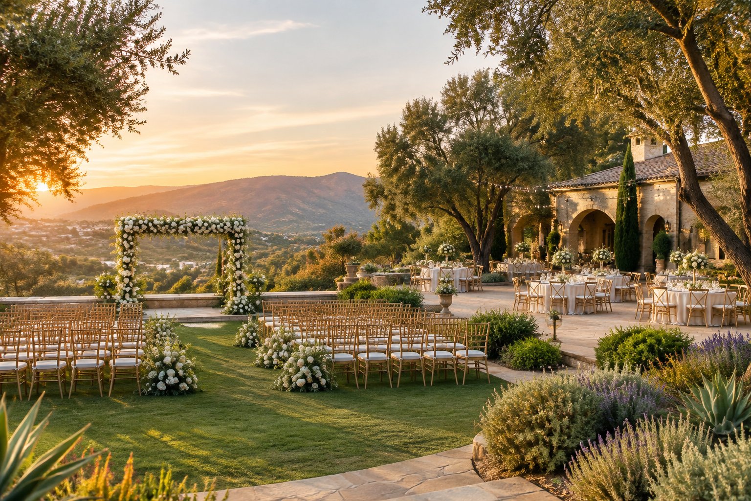 A wedding ceremony setup in a landscaped garden beside an elegant venue.