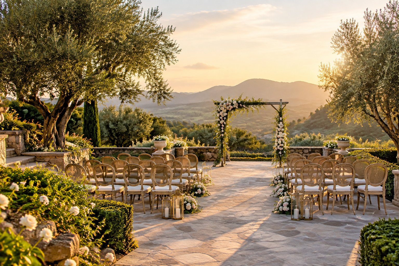 An elegant outdoor wedding ceremony setup in a garden overlooking rolling hills.