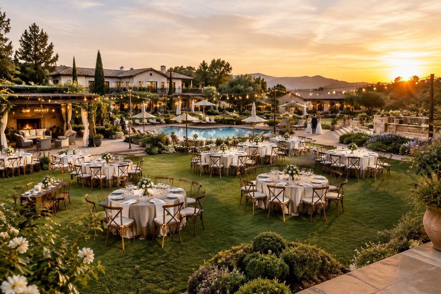 An elegant wedding reception at a landscaped estate with guest accommodations, a pool, and garden seating.
