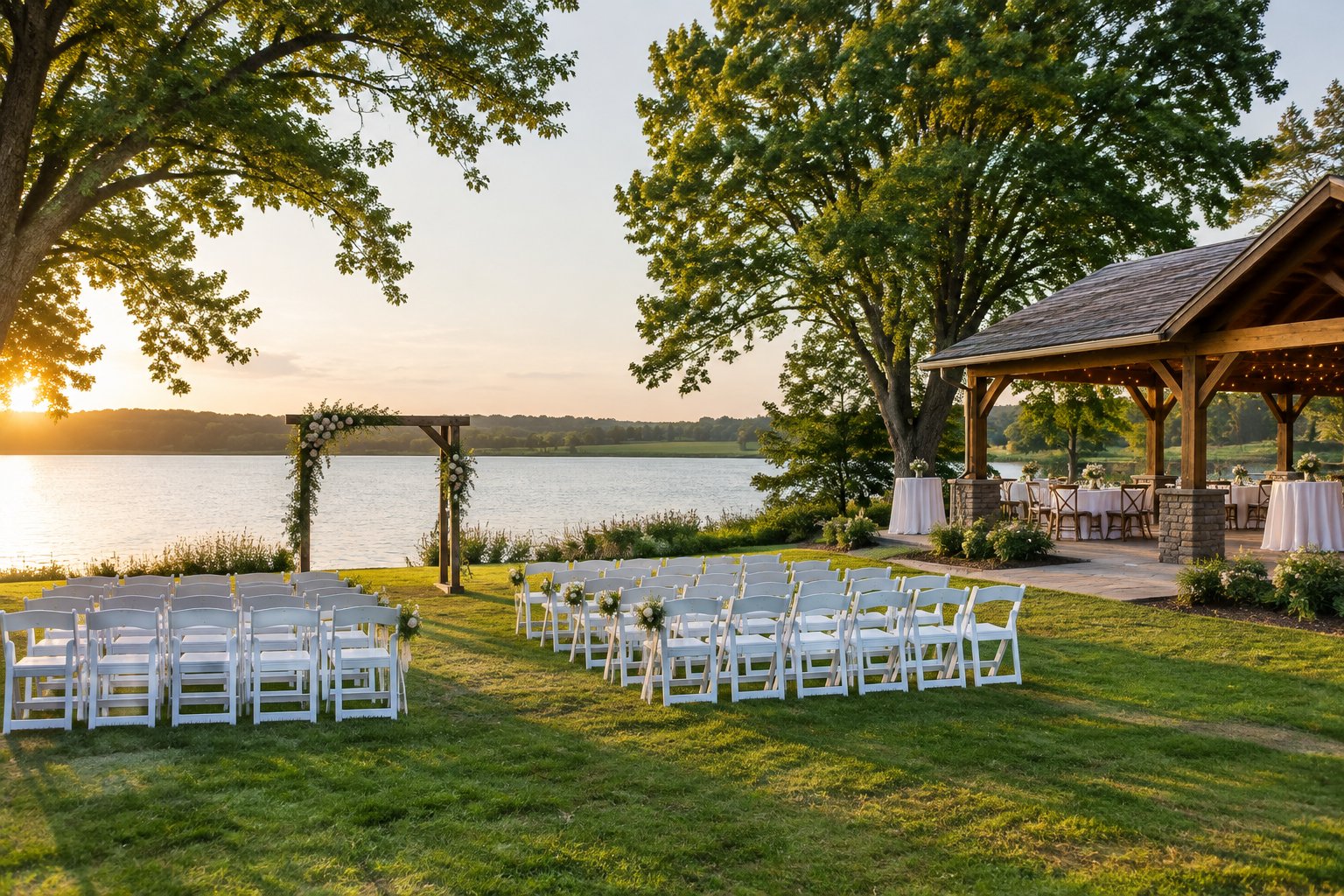 A wedding ceremony setup beside a calm lake.
