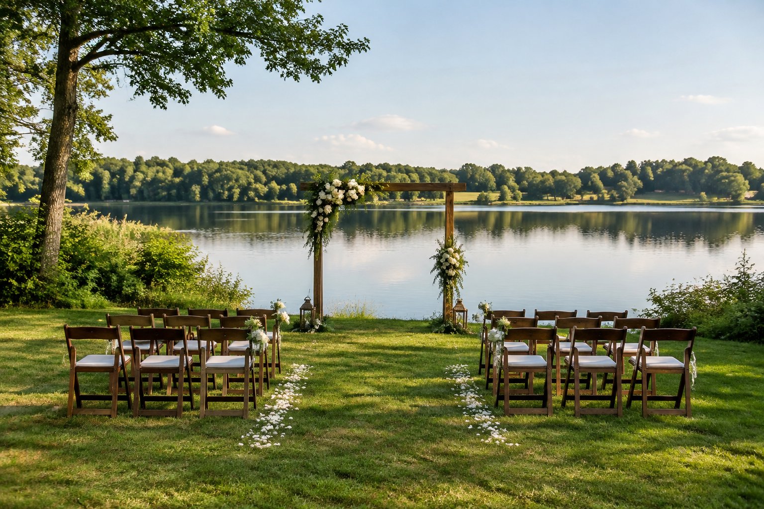 A small wedding ceremony setup on a grassy lakeshore beside a calm lake.