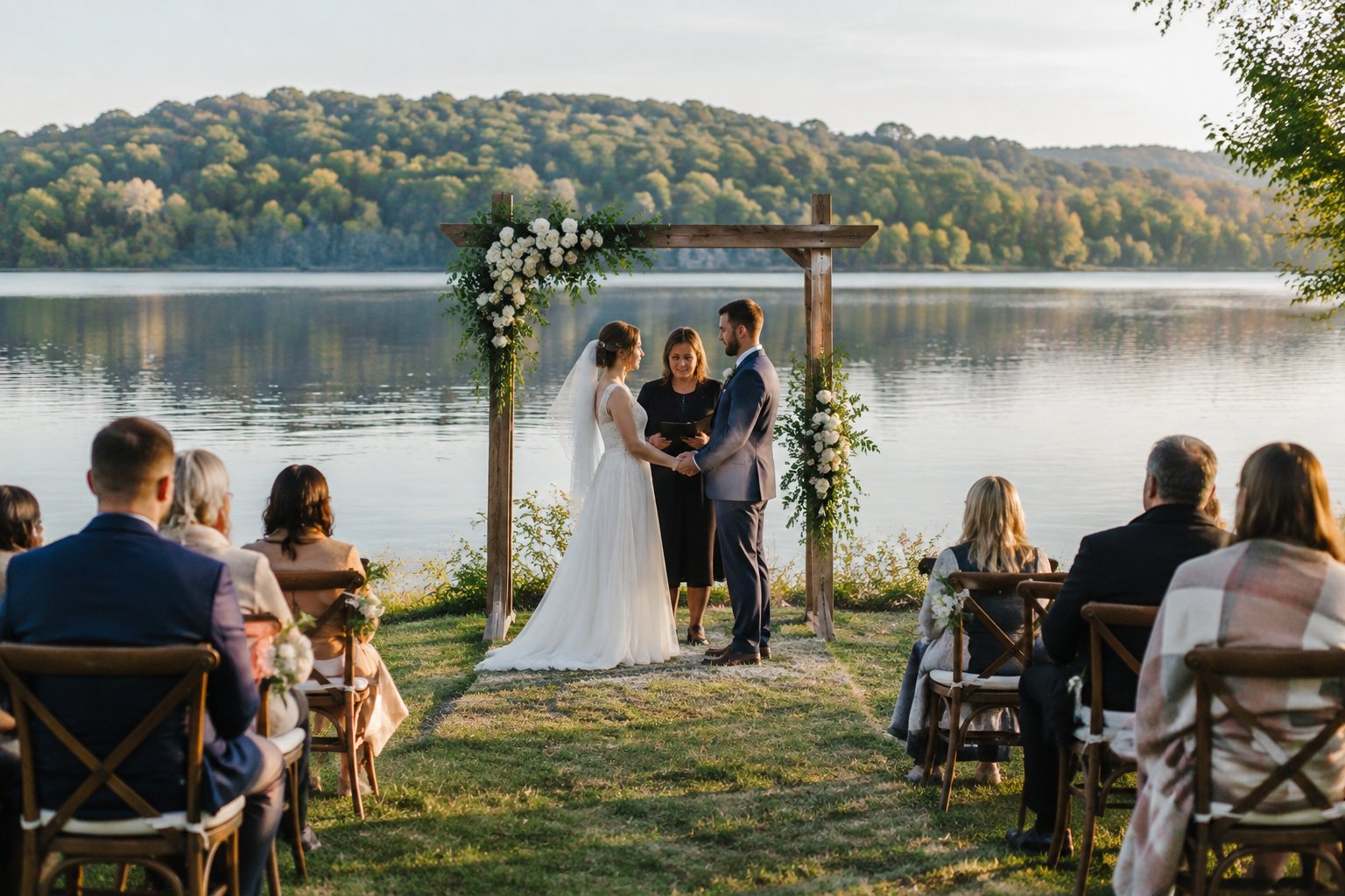 A couple exchanges vows beneath a flower-decorated arch beside a lake, with guests seated nearby.