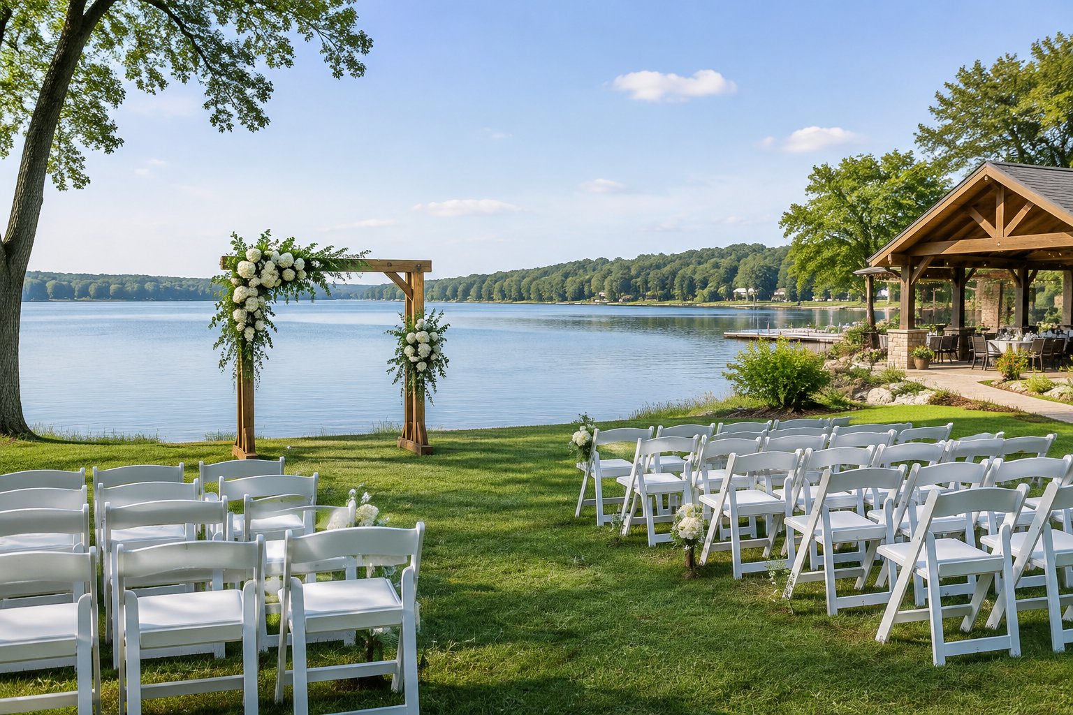 An outdoor wedding setup on a grassy lakeshore with a floral arch and rows of chairs facing the water.