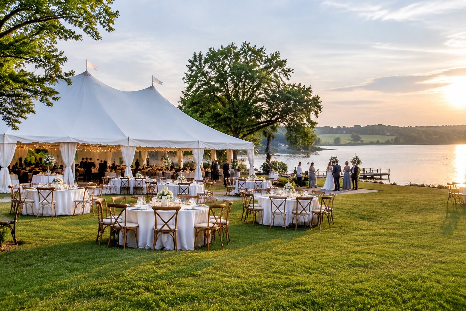 A spacious wedding reception tent and tables beside a lake.