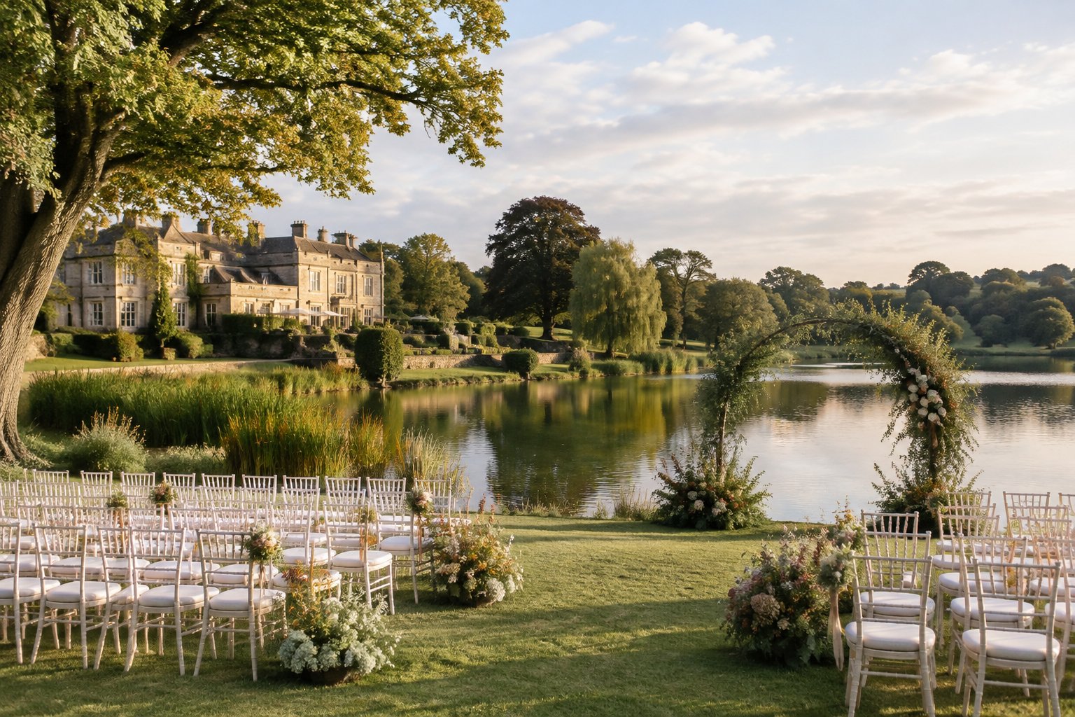 A wedding reception set beside a lake at an English country estate.
