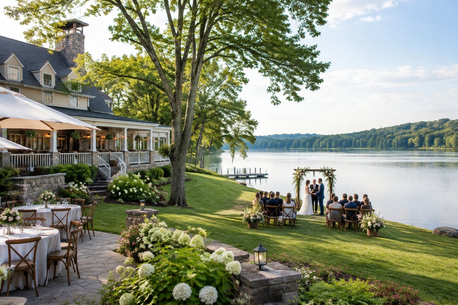 A couple celebrates their wedding beside a lake at a country inn.