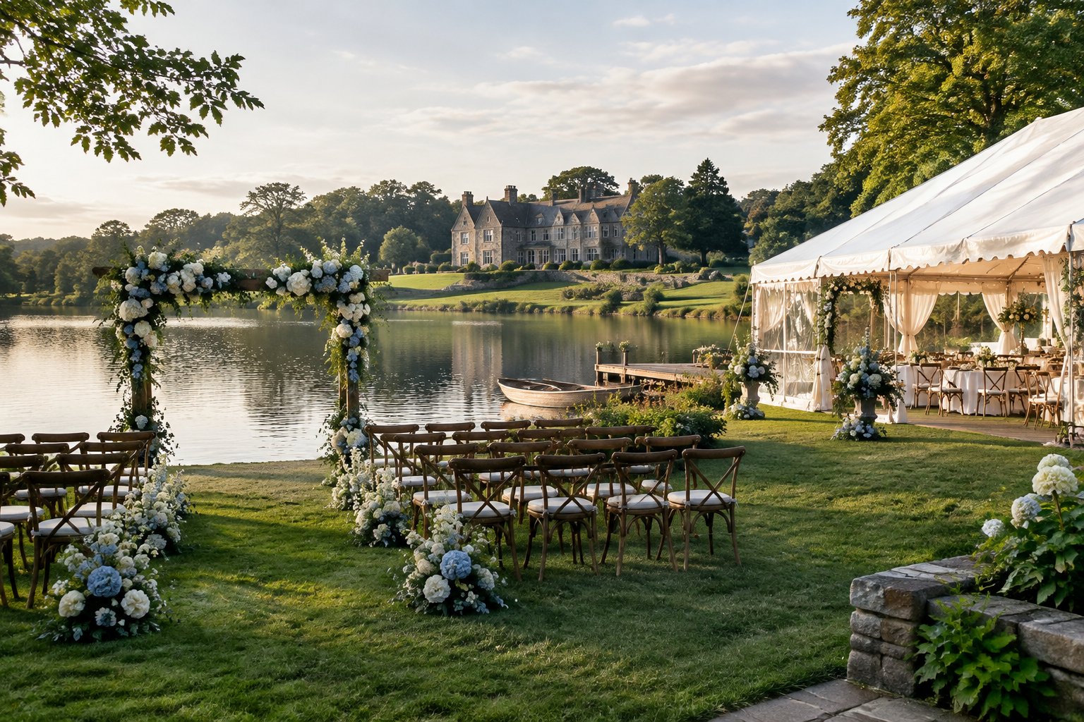 Wedding chairs beside a lake with an estate and reception tent in the background.