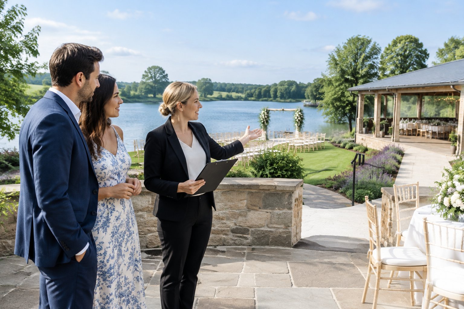 A couple and wedding planner inspect a lakeside venue terrace.