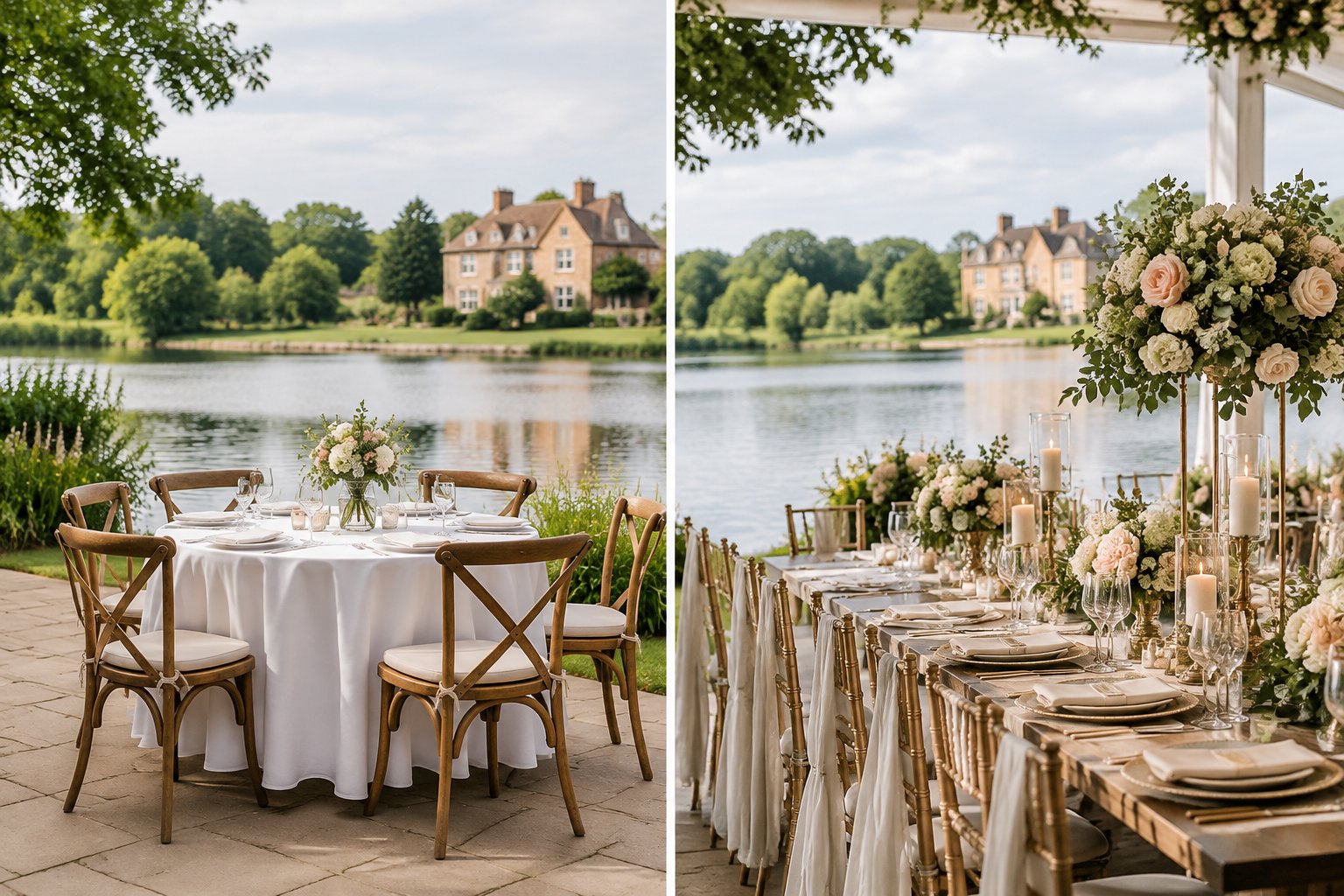 Two wedding reception setups beside a lake at a venue in Buckinghamshire.
