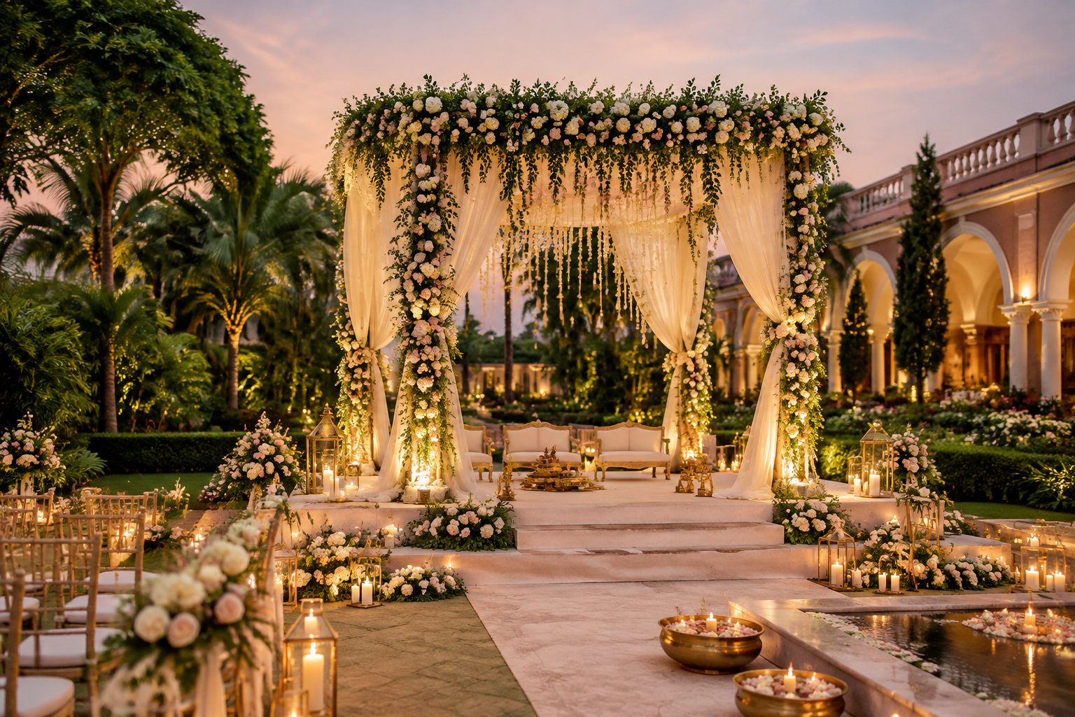 A decorated wedding mandap in a lush garden beside an elegant venue.
