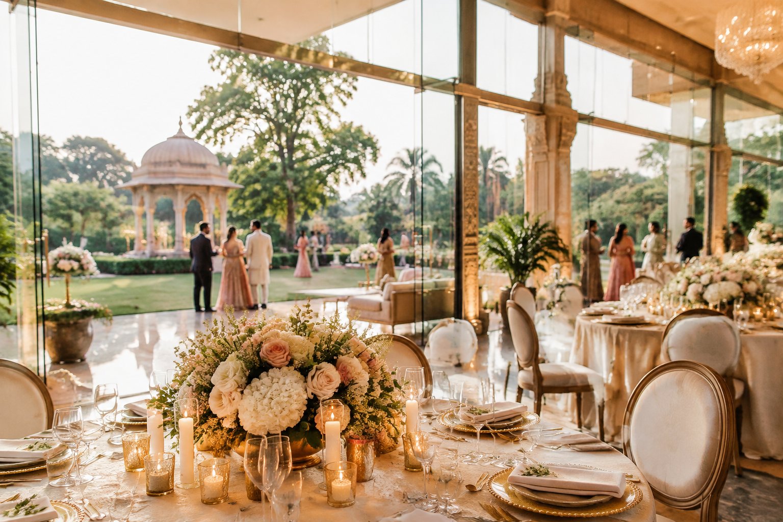 A wedding reception set up in an elegant garden pavilion.